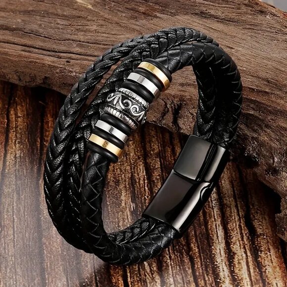 Men's Layered Bracelet Stainless PU Leather Metal Beads Unisex Buckle Stylish - Picture 1 of 5